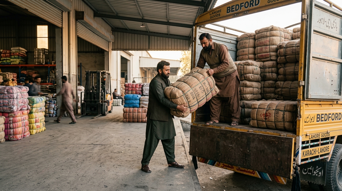 Two men unloading bales at a Lahore warehouse while the receiver inspects