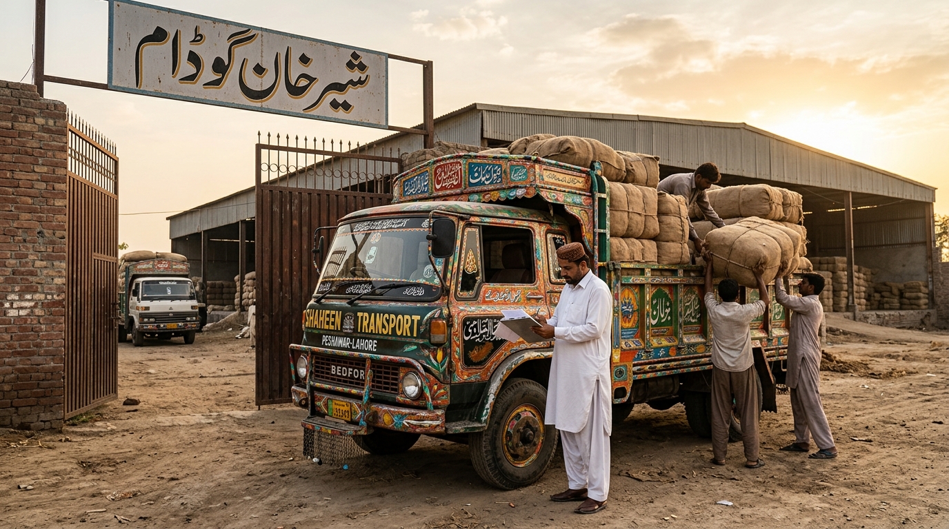 Truck at the godam gate, driver checking the clipboard before dispatch