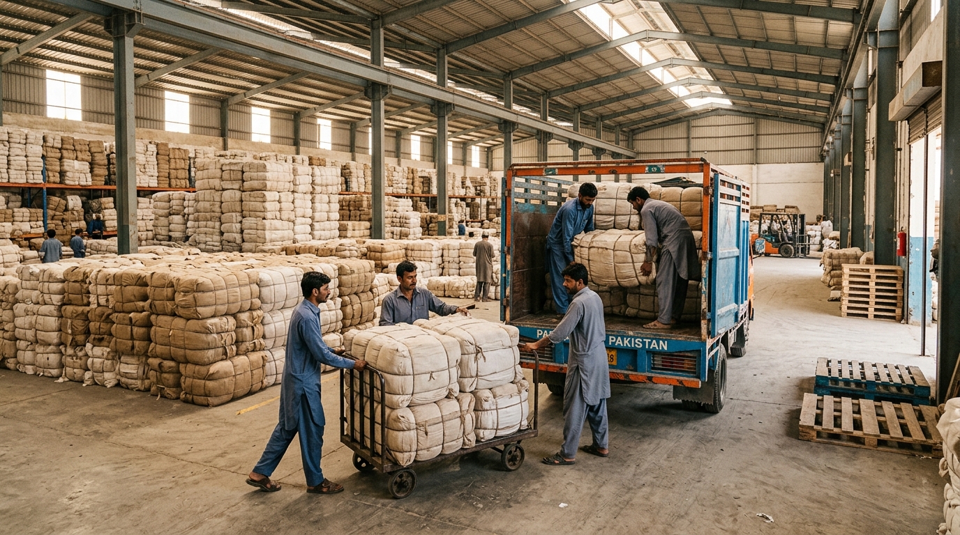 Workers loading cotton bales onto a truck inside a bright godam