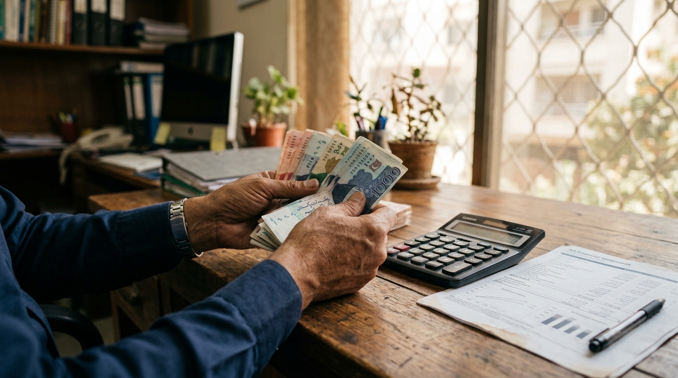 Hands counting Pakistani rupee notes beside a ledger statement and calculator