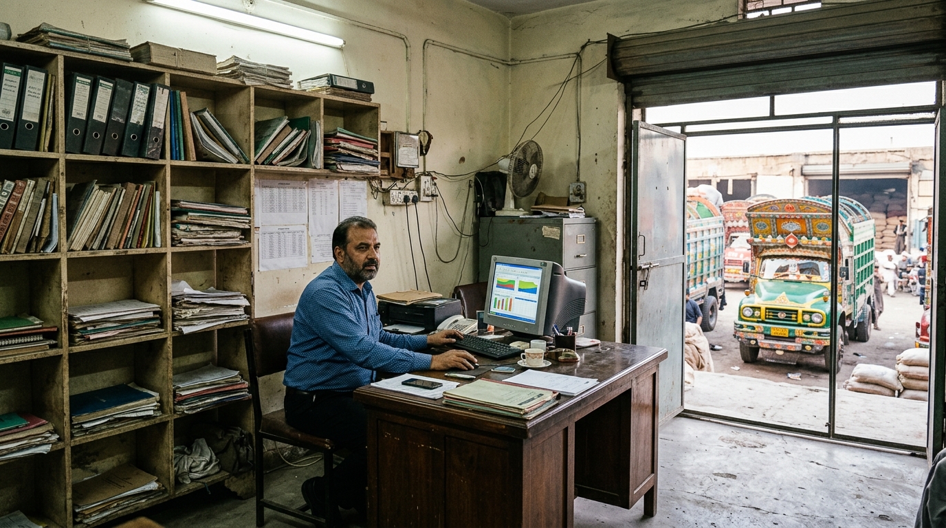 Manager at a computer inside a transport booking office