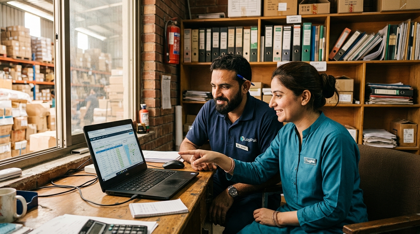 Logistics staff reviewing a shipment together at the godam office