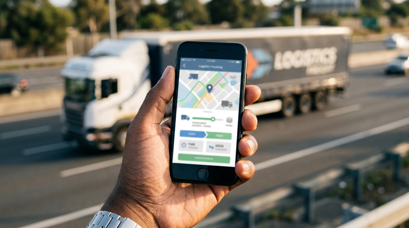 Hand holding a phone showing live bilty tracking, truck in the background