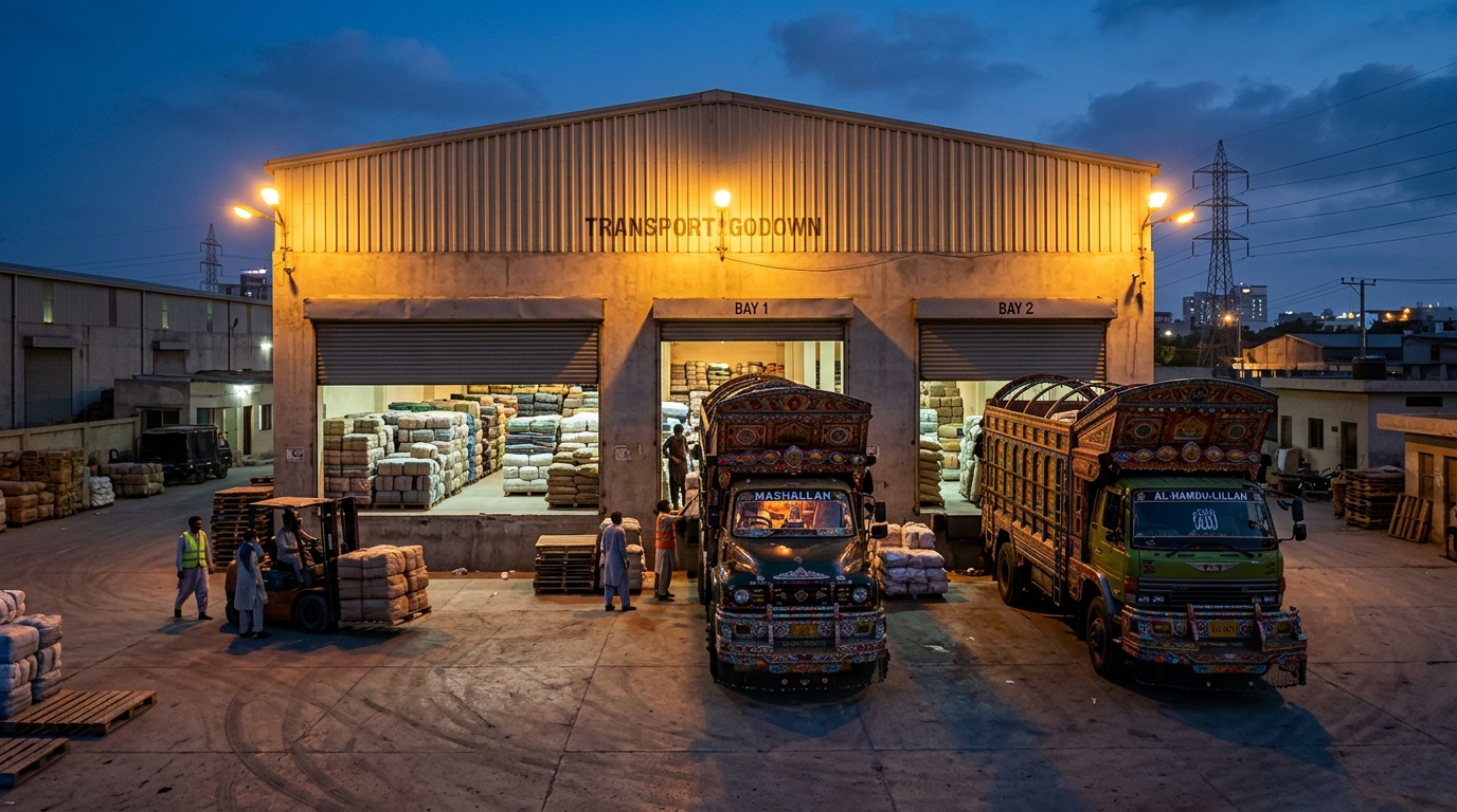 Bales stacked in rows inside a busy transport warehouse
