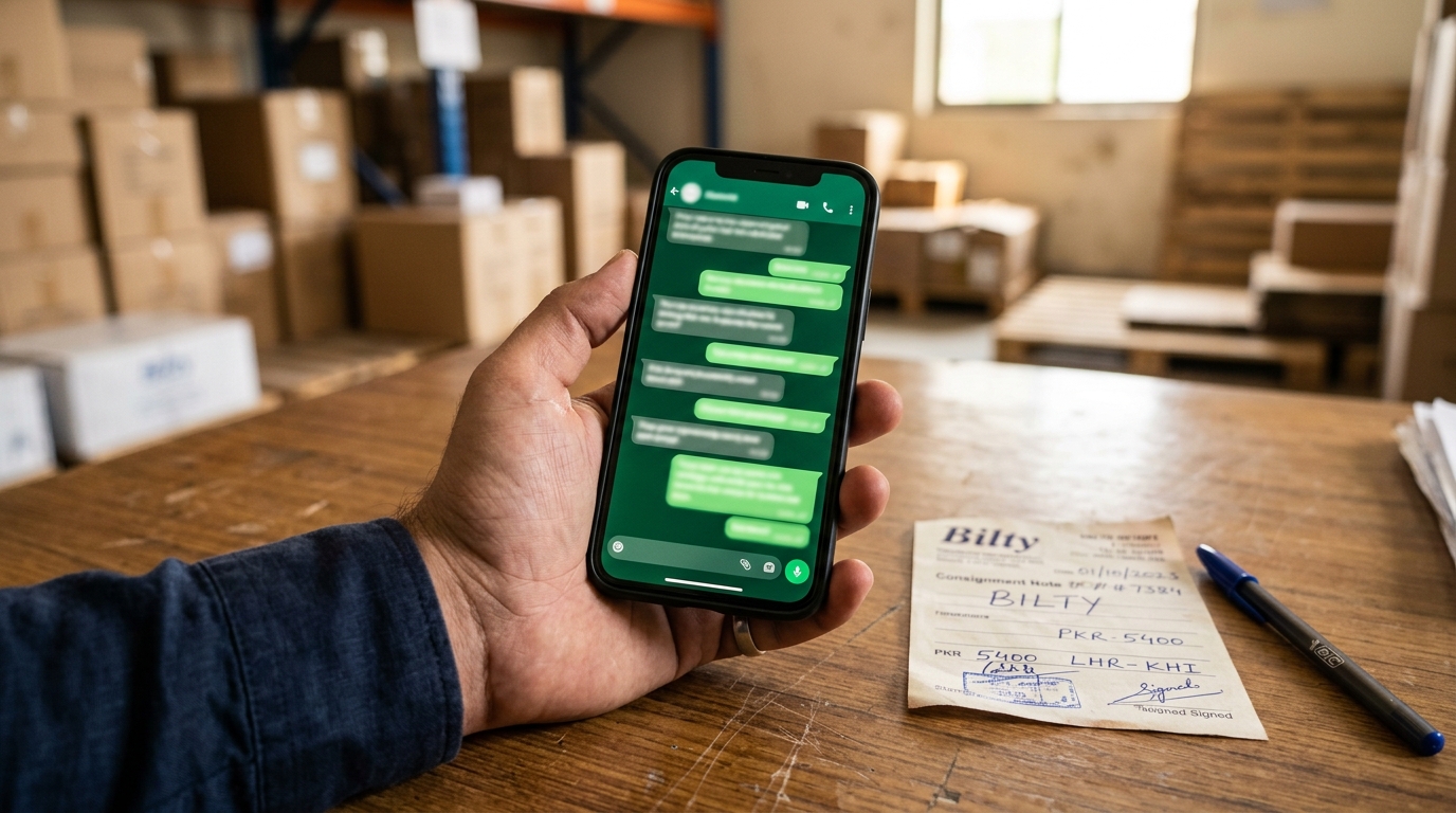 Checking WhatsApp shipment updates on a phone at the godam desk